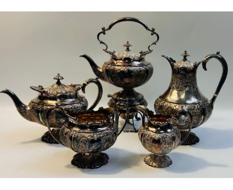 Silver tea and coffee set cased, Sheffield, 1894, Thomas R Russell & Co.Spirit Kettle EPNS [combined silver weight 2200g], wi