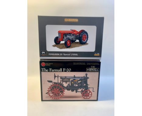 Two die cast scale tractor modelsThe Farmall F-20, 1:16 scale.The Ferguson 35 "Special" (1958), 1:16 scale.