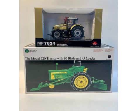 Three die cast tractor modelsMassey Ferguson MF7624, 1:32 scale, Limited Edition.John Deer by Precision Classics, The model 7