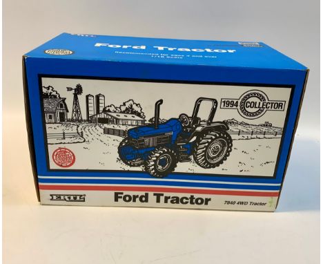 Four Die cast tractors.Ford Tractor 7840 4WD, 1:16 scale.Farmall F-12, 1:16 scale.The toy Farmer, Massey Harris tractor, 1:16