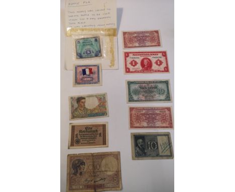Collection Of Vintage Bank Notes, to include special D Day landing 5 Cinq Francs issued money, with Nederland 1943 bank note,
