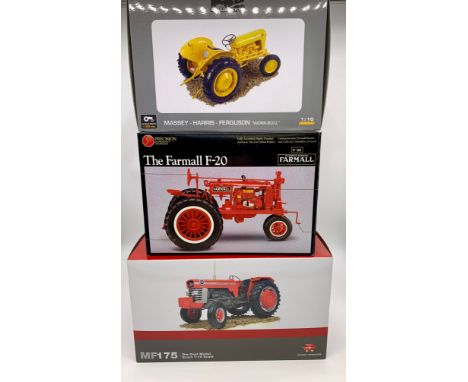 Three die cast tractor modelsMassey Ferguson MF175, 1:16 scale.The Farmall F-20, 1:16 scale.Massy-Harris-Ferguson "workbull",