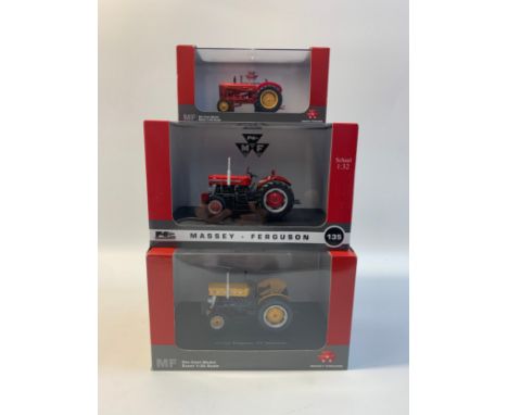 Five Massey Ferguson die cast Tractor Models.Massey Harris 30K - 1949, 1:43 scale.MF 135 Industrial, 1:32 scale.MF 135, 1:32 