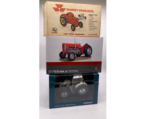 Three die cast Tractor Models.FENDT 724 Vario, 1:32 scale, Limited Edition.Massey Ferguson MF65 mkII, 1:16 scale.Massey Fergu