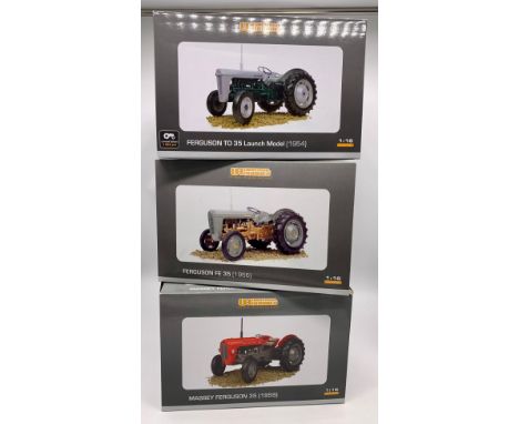 Three Massey Ferguson die cast tractor modelsMassey Ferguson 35 (1959), 1:16 scale.Massey Ferguson FE 35 (1956), 1:16 scale.F