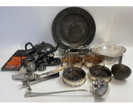 Large collection of silver plate and pewter; large pewter tray and tea pot, antique silver plated coasters, measuring jugs, l