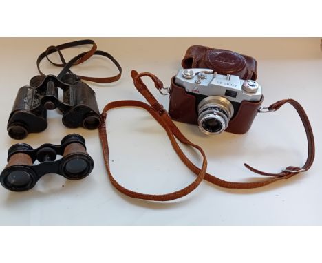 Atlas 45mm Japanese camera in original leather case, field binoculars and vintage opera glasses