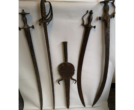 Collection of 5 Vintage Swords; 19th Century British Army Infantry sword, three Indian swords and an Islamic inscribed spear 