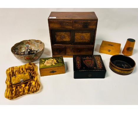 Arts &amp; Crafts apprentice piece with drawers, sliding doors together with wooden lidded trinket boxes to include Mauchline