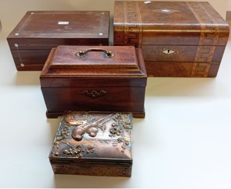 Antique Parquetry inlaid writing slope, , Tea caddy with brass handle, Jewellery box with pearlescent inlay inscribed J. Clar