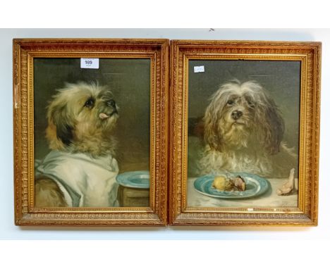 J.Earl -&nbsp; Antique print Terrier Dog portrait and a Yorkshire Terrier licking its chops awaiting a meal in front of an em