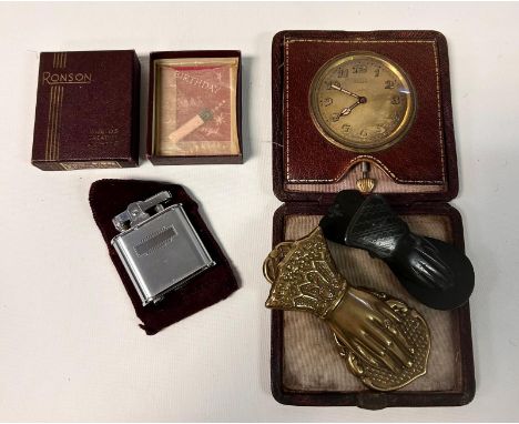 Swiss made 8 day travel clock together with a vintage Ronson lighter with documents, pouch and original box together with two
