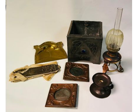Mixed lot of Art Nouveau items to include oil lamp, planter with original liner, candlestick stand, frames and door handles