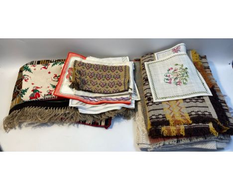 Large box of vintage linen, table cloths and runners