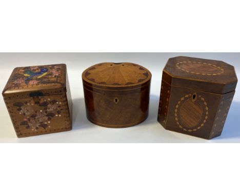 Three tea caddy’s; oval shell inlay tea caddy, edwardian inlaid tea caddy with hand painted bird and floral scene tea caddy.