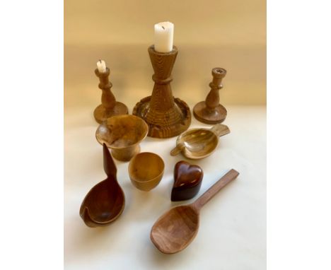 Collection of vintage treen wooden carved items, Danish turned candlesticks, camphor wood bowls and boxes. Some signed to the