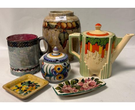 Mixed lot of porcelain to include; Royal Doulton Art Deco teapot, Cranston Vase, stamped 'Moorcroft' mug, Hand Painted trinke