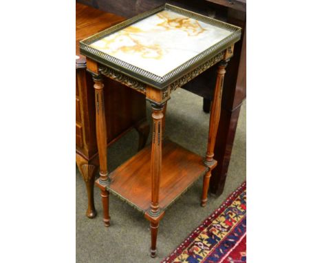 French marble topped gilt metal mounted occasional table with shelf stretcher and pierced gallery 