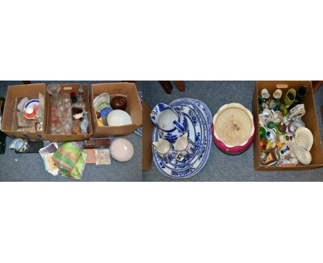 A large quantity of household ceramics and glass including Poole Pottery bowl, blue and white platters, glug jugs, decanter, 