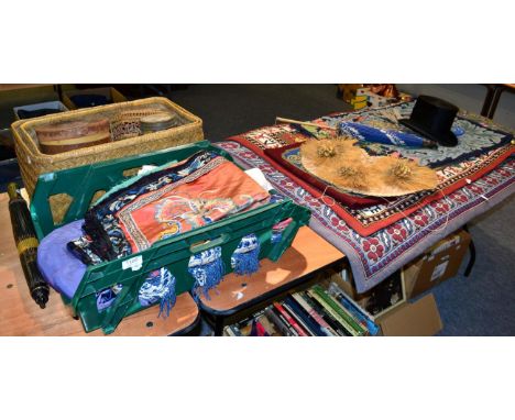 Quantity of textiles including a 19th century Chinese silk throw, various needlework wall hangings and panels, a moleskin top
