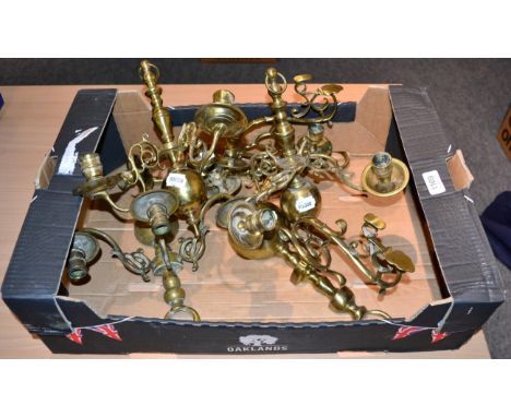 ~ Pair of brass four-light ceiling lights; matching three-light wall sconce; and a pair of matching curtain tie-backs 