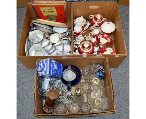 Three boxes of household china and glass including teawares, Eccles lamp, Doulton jug etc (three boxes)