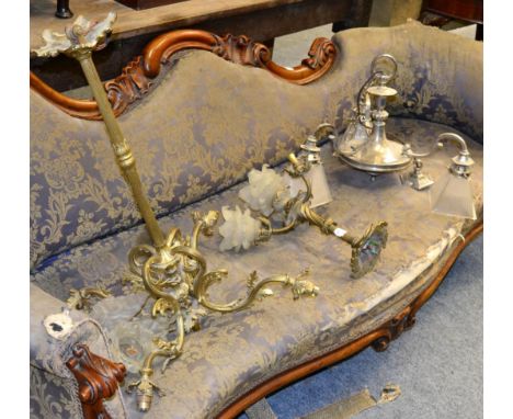 Gilt metal four-light electrolier with glass shades; a similar electrolier; and a chrome plated electrolier (3) 