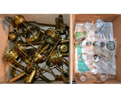 ~ Quantity of brass light fittings and shades (two boxes)   