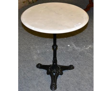 A reproduction circular marble top conservatory table; a brass column lamp; and four terracotta planters 