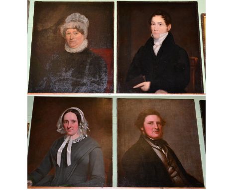 19th century school, pair of portraits of a lady and gentleman, oil on canvas, together with a further pair of portrait oilsb