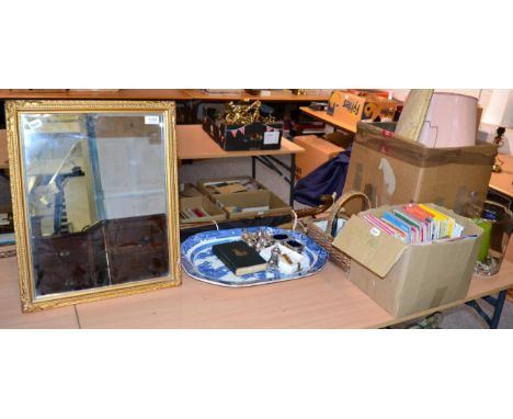 A silver card tray, six silver plated condiments, a gilt metal ladies wristwatch, blue and white platter, ordnance survey map