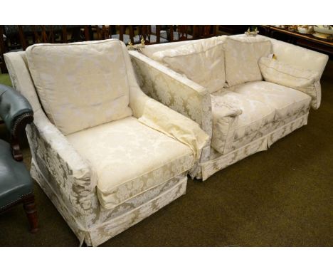 Knoll style drop end sofa upholstered in cream floral fabric; and an armchair upholstered to match 