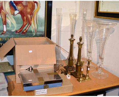 Five various glass floor vases; a pair of Laura Ashley metal lamp bases; and a pair of brass candlesticks (9)