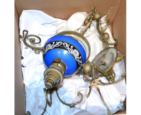 ~ A French porcelain and brass rise-and-fall oil ceiling light 