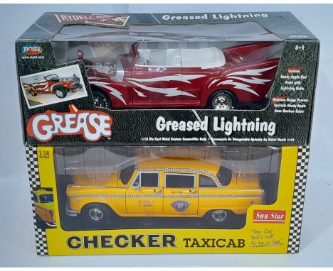 Sun Star &amp; Joyride a boxed 1/18 scale pair to include Sun Star Checker Taxicab &amp; Joyride Greased Lighting. Conditions