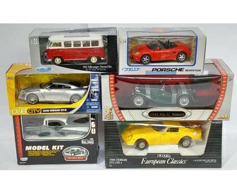 A boxed group to include Road Signature 1947 MG TC Midget, ERTL 1966 Ferrari 275 GTB 4, Welly Porsche Boxster plus others sim