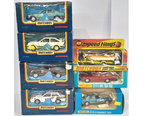 Matchbox Superkings a mixed group to include K-84 Peugeot 305, K-74 Volvo Estate, K-25 King Size Boat and Trailer and others.