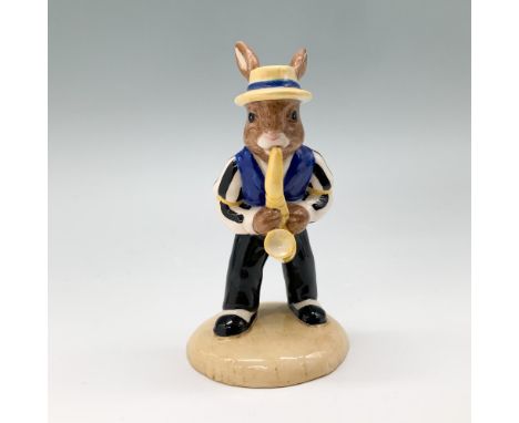 This delightful Royal Doulton Bunnykins figurine, titled 'Saxophone Player' (DB186), was issued in 1999 as part of the Bunnyk