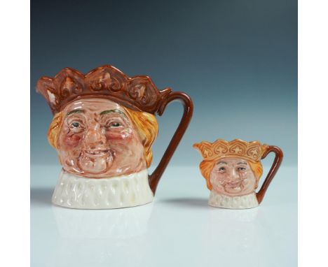 This 2-piece set of Royal Doulton character jugs features Old King Cole, modeled with a jovial expression, golden hair, and a