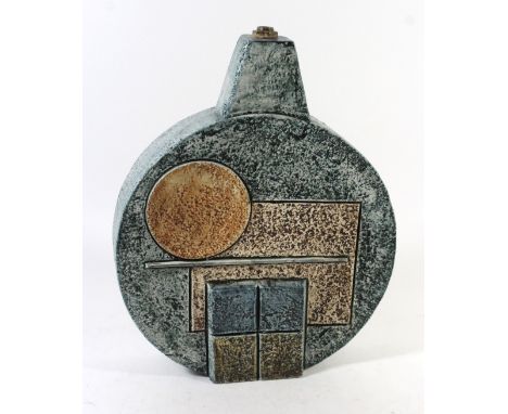 A Troika Pottery Cornwall medium Wheel lamp baseDecorated to each side with stylised motifs in shades of orange, green and br