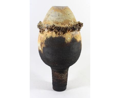Robin Welch (b.1936-) A large Studio Pottery footed orb vase with relief decoration to body, impressed mark to rim, height 33