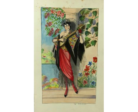 Ivy Hampton (20th Century) watercolourDepicting a lady playing lute beside Lake Scene, signed, 36x21.cm, unframed 