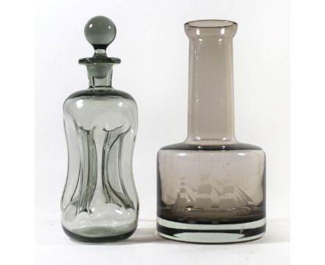 A HolmeGaard smoky glass Kluk decanterComplete with stopped and associated box, together with a further decanter engraved wit