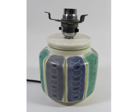A Poole Pottery Freeform lamp baseOf cylindrical form with inverted neck, decorated in the PLT pattern, factory marks to base