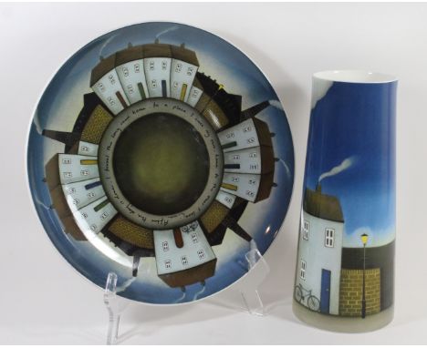 Paul Horton (British 1958-) limited edition ceramic vase and plateDecorated in the After The Day is Done pattern on a blue gr
