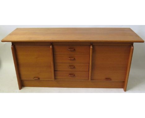 A Mid Century Clausen & Son teak sideboardHaving four central drawers flanked by two roller shutter doors, height 75cm, lengt
