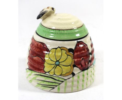 A Clarice Cliff Fantasque Bizarre Beehive Honey Pot and coverDecorated in the Moonlight pattern, height 9cmCONDITION REPORT:M