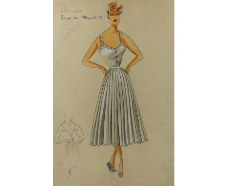 An original Art Deco pencil drawing depicting a Christian Dior dressWith primitive studies by the side of the main drawing, s