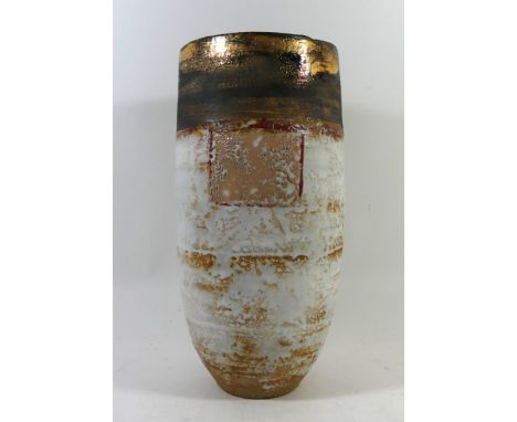 Robin Welch (b.1936-) A large Studio Pottery cylindrical vase with gold band around top rim with two glazed squares to body, 