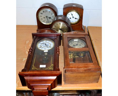 Three striking mantel clocks and two striking wall clocks